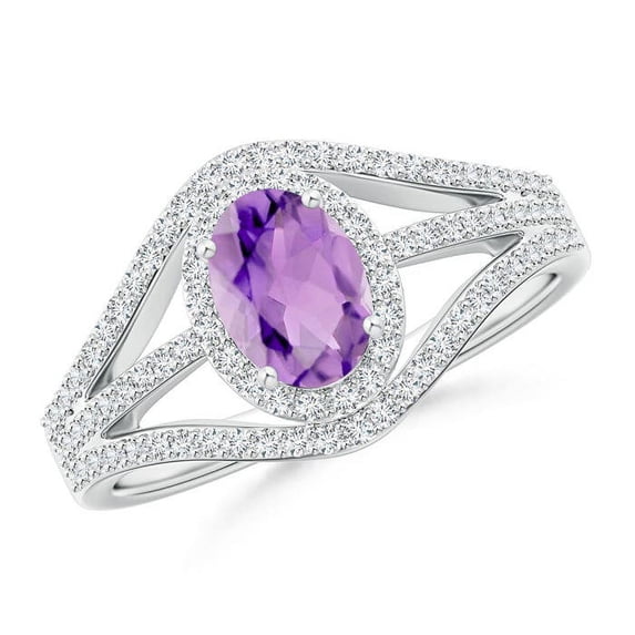 ANGARA Natural Triple Shank Oval Amethyst and Diamond Halo Ring in 14K White Gold for Women (Size-7x5mm) | February Birthstone, Birthday, Anniversary, Jewelry Gift for Women | Natural Amethyst Ring