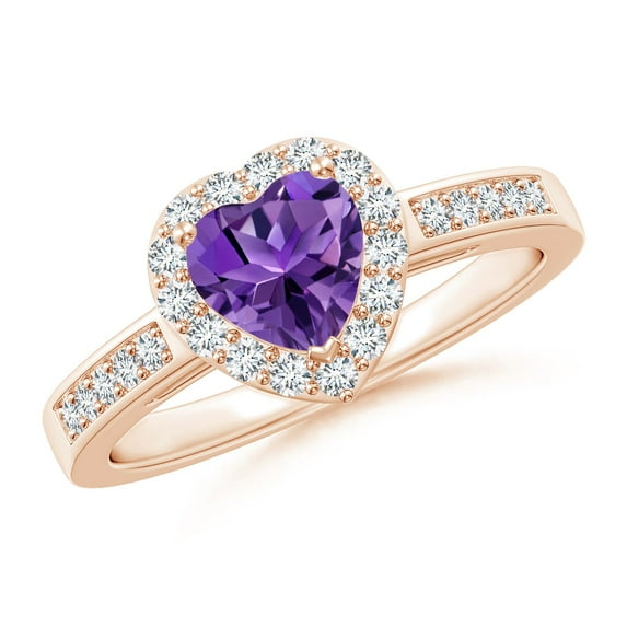 ANGARA Natural Heart-Shaped Amethyst Halo Ring with Diamond Accents in 14K Rose Gold for Women (Size-6mm) | February Birthstone, Birthday, Anniversary, Jewelry Gift for Women | Natural Amethyst Ring