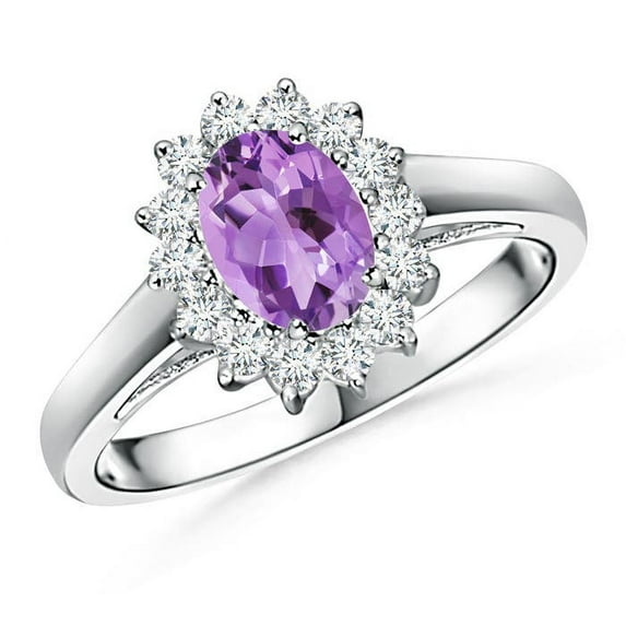 ANGARA Natural Princess Diana Inspired Amethyst Ring with Diamond Halo in 14K White Gold for Women (Size-7x5mm) | February Birthstone, Anniversary, Jewelry Gift for Women | Natural Amethyst Ring
