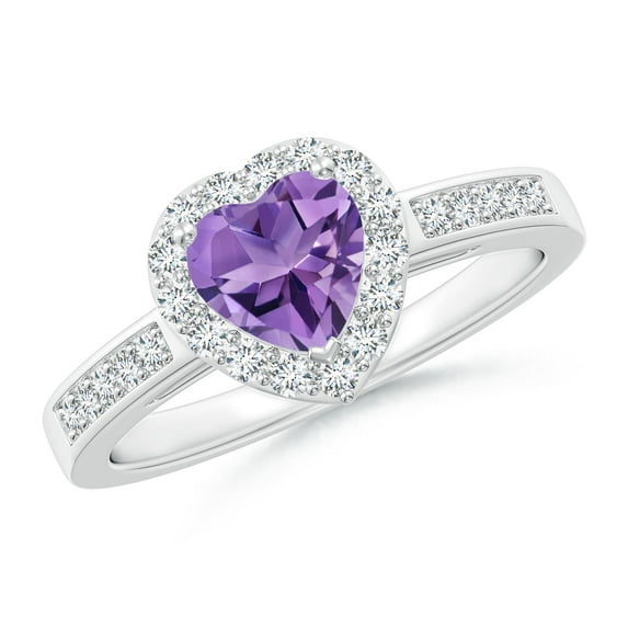 ANGARA Natural Heart-Shaped Amethyst Halo Ring with Diamond Accents in 14K White Gold for Women (Size-6mm) | February Birthstone, Birthday, Anniversary, Jewelry Gift for Women | Natural Amethyst Ring
