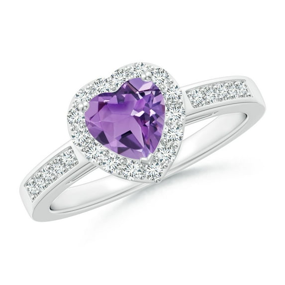 ANGARA Natural Heart-Shaped Amethyst Halo Ring with Diamond Accents in 14K White Gold for Women (Size-6mm) | February Birthstone, Birthday, Anniversary, Jewelry Gift for Women | Natural Amethyst Ring