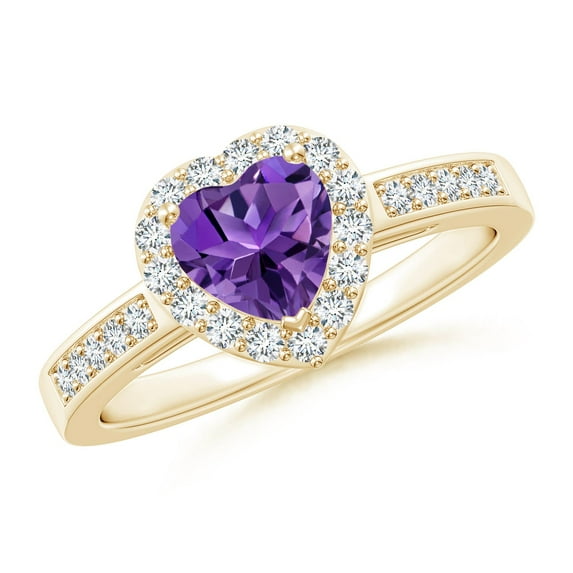 ANGARA Natural Heart-Shaped Amethyst Halo Ring with Diamond Accents in 14K Yellow Gold for Women (Size-6mm) | February Birthstone, Anniversary, Jewelry Gift for Women | Natural Amethyst Ring