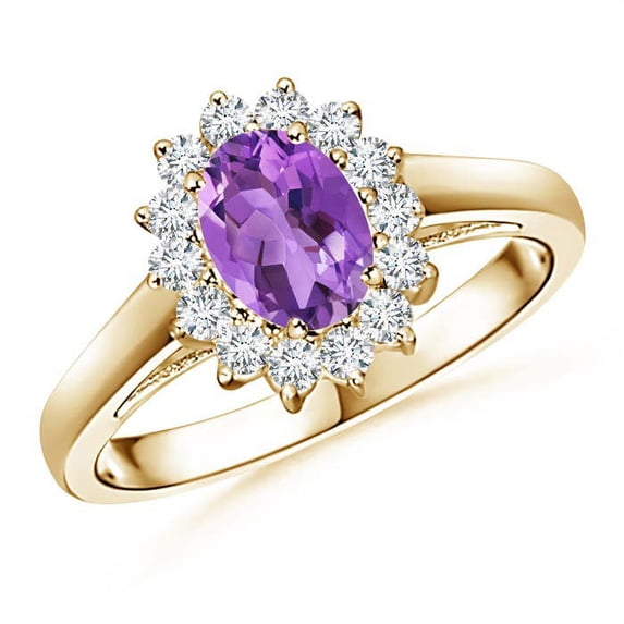 ANGARA Natural Princess Diana Inspired Amethyst Ring with Diamond Halo in 14K Yellow Gold for Women (Size-7x5mm) | February Birthstone, Anniversary, Jewelry Gift for Women | Natural Amethyst Ring