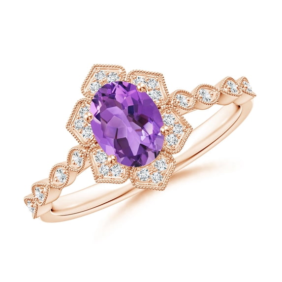 ANGARA Natural 0.7 Ct. Amethyst with Diamond Side Stones Ring in 14K Rose Gold for Women (Ring Size: 11)
