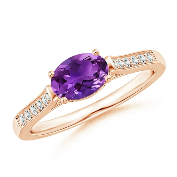 ANGARA Natural Oval Amethyst Solitaire Ring with Diamonds in 14K Rose Gold for Women (Size-7x5mm) | February Birthstone, Birthday, Anniversary, Jewelry Gift for Women | Natural Amethyst Ring