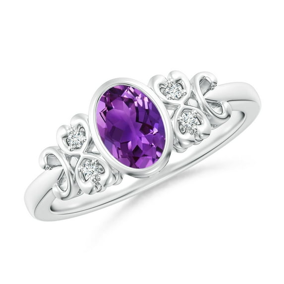 ANGARA Natural Vintage Style Bezel-Set Oval Amethyst Ring with Diamonds in 14K White Gold for Women (Size-7x5mm) | February Birthstone, Anniversary, Jewelry Gift for Women | Natural Amethyst Ring