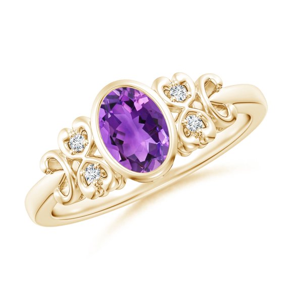 ANGARA Natural Vintage Style Bezel-Set Oval Amethyst Ring with Diamonds in 14K Yellow Gold for Women (Size-7x5mm) | February Birthstone, Anniversary, Jewelry Gift for Women | Natural Amethyst Ring