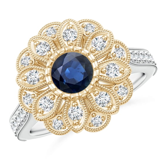ANGARA Natural 0.7 Ct. Blue Sapphire with Diamond Vintage Inspired Ring in 14K White & Yellow Gold for Women (Ring Size: 12)