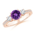thumbnail image 1 of ANGARA Natural Classic Three Stone Amethyst and Diamond Ring in 14K Rose Gold for Women (Size-6mm) | February Birthstone, Birthday, Anniversary, Jewelry Gift for Women | Natural Amethyst Ring, 1 of 8