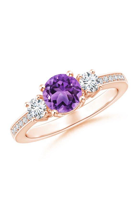 Natural Classic Three Stone Amethyst and Diamond Ring in 14K Rose Gold for Women (Size-6mm) | February Birthstone, Birthday, Anniversary, Jewelry Gift for Women | Natural Amethyst Ring