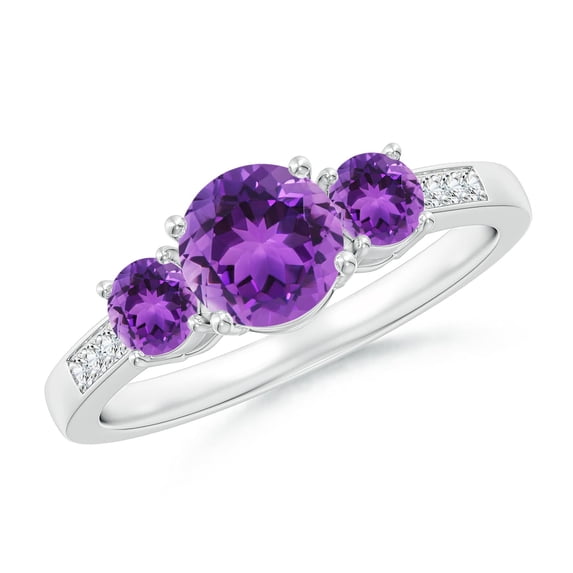 ANGARA Natural Three Stone Round Amethyst Ring with Diamond Accents in 14K White Gold for Women (Size-6mm) | February Birthstone, Birthday, Anniversary, Jewelry Gift for Women | Natural Amethyst Ring