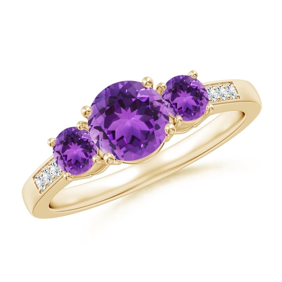 ANGARA Natural Three Stone Round Amethyst Ring with Diamond Accents in 14K Yellow Gold for Women (Size-6mm) | February Birthstone, Anniversary, Jewelry Gift for Women | Natural Amethyst Ring