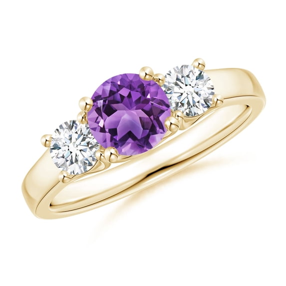 ANGARA Natural Classic Round Amethyst and Diamond Three Stone Ring in 14K Yellow Gold for Women (Size-6mm) | February Birthstone, Birthday, Anniversary, Jewelry Gift for Women | Natural Amethyst Ring