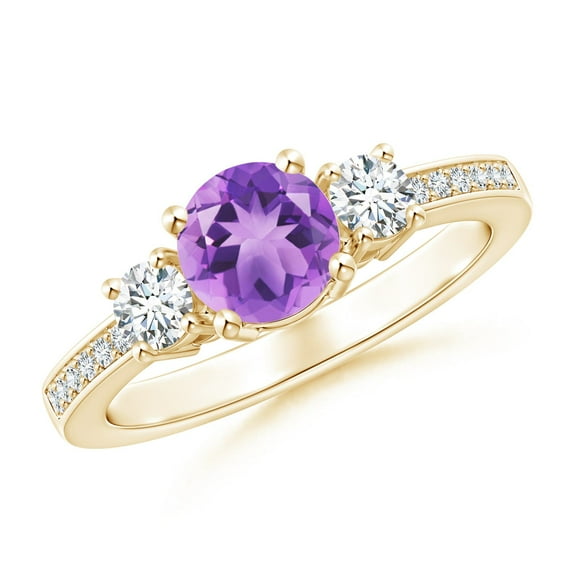 ANGARA Natural Classic Three Stone Amethyst and Diamond Ring in 14K Yellow Gold for Women (Size-6mm) | February Birthstone, Birthday, Anniversary, Jewelry Gift for Women | Natural Amethyst Ring