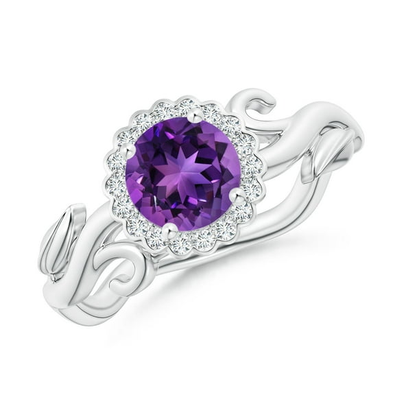 ANGARA Natural Vintage Inspired Amethyst Flower and Vine Ring in 14K White Gold for Women (Size-6mm) | February Birthstone, Birthday, Anniversary, Jewelry Gift for Women | Natural Amethyst Ring