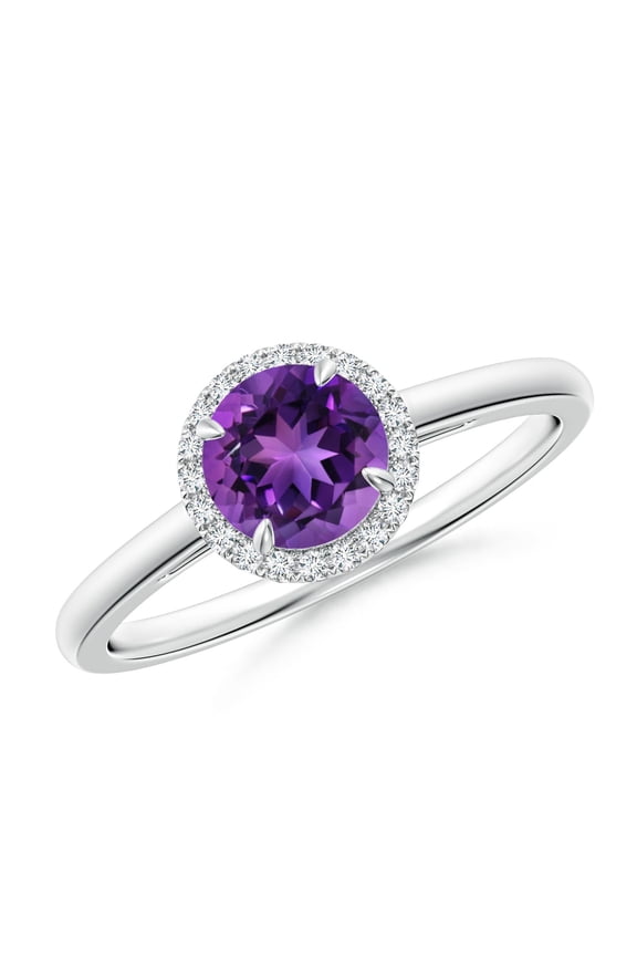 Natural Round Amethyst Cathedral Ring with Diamond Halo in 14K White Gold for Women (Size-6mm) | February Birthstone, Birthday, Anniversary, Jewelry Gift for Women | Natural Amethyst Ring