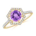 thumbnail image 1 of ANGARA Natural Round Amethyst Ring with Hexagonal Diamond Halo in 14K Yellow Gold for Women (Size-6mm) | February Birthstone, Birthday, Anniversary, Jewelry Gift for Women | Natural Amethyst Ring, 1 of 10