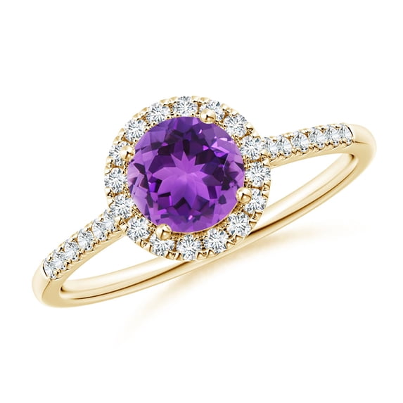 ANGARA Natural Round Amethyst Halo Ring with Diamond Accents in 14K Yellow Gold for Women (Size-6mm) | February Birthstone, Birthday, Anniversary, Jewelry Gift for Women | Natural Amethyst Ring