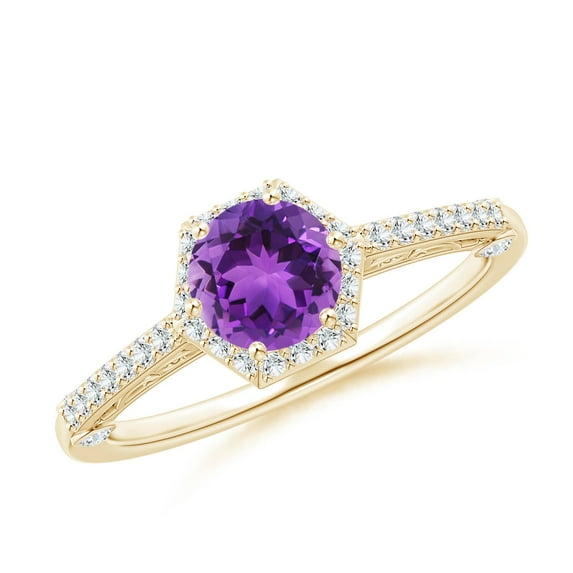ANGARA Natural Round Amethyst Hexagonal Halo Ring with Filigree in 14K Yellow Gold for Women (Size-6mm) | February Birthstone, Birthday, Anniversary, Jewelry Gift for Women | Natural Amethyst Ring