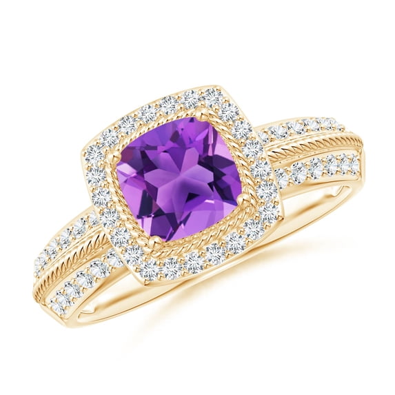 ANGARA Natural Twisted Rope Cushion Amethyst Halo Ring in 14K Yellow Gold for Women (Size-6mm) | February Birthstone, Birthday, Anniversary, Jewelry Gift for Women | Natural Amethyst Ring