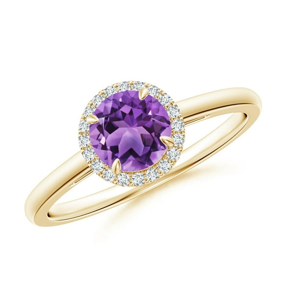 ANGARA Natural Round Amethyst Cathedral Ring with Diamond Halo in 14K Yellow Gold for Women (Size-6mm) | February Birthstone, Birthday, Anniversary, Jewelry Gift for Women | Natural Amethyst Ring