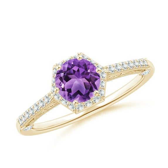 ANGARA Natural Round Amethyst Hexagonal Halo Ring with Filigree in 14K Yellow Gold for Women (Size-6mm) | February Birthstone, Birthday, Anniversary, Jewelry Gift for Women | Natural Amethyst Ring