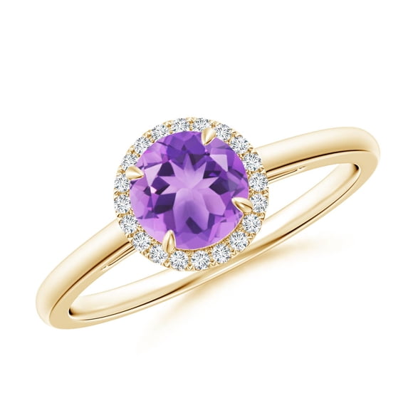 ANGARA Natural Round Amethyst Cathedral Ring with Diamond Halo in 14K Yellow Gold for Women (Size-6mm) | February Birthstone, Birthday, Anniversary, Jewelry Gift for Women | Natural Amethyst Ring