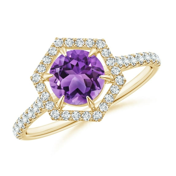 ANGARA Natural Round Amethyst Ring with Hexagonal Diamond Halo in 14K Yellow Gold for Women (Size-6mm) | February Birthstone, Birthday, Anniversary, Jewelry Gift for Women | Natural Amethyst Ring