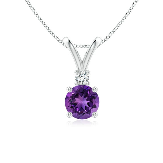 ANGARA Natural Round Amethyst Solitaire V-Bale Pendant with Diamond in 14K White Gold for Women (Size-6mm) | February Birthstone, Anniversary, Jewelry Gift for Women | Natural Amethyst Necklace