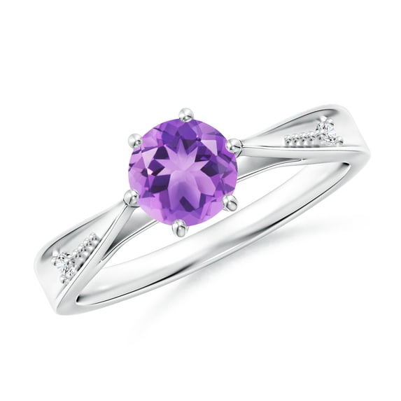 ANGARA Natural Tapered Shank Amethyst Solitaire Ring with Diamonds in 14K White Gold for Women (Size-6mm) | February Birthstone, Birthday, Anniversary, Jewelry Gift for Women | Natural Amethyst Ring