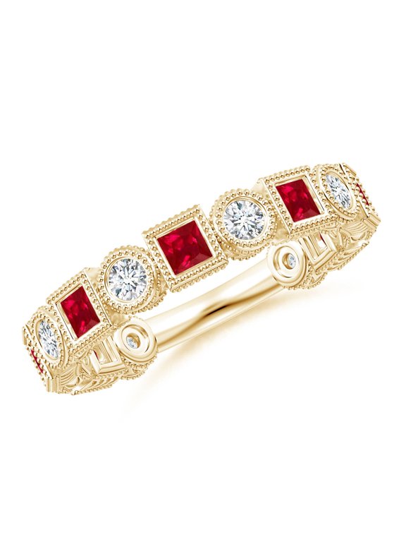Natural Bezel-Set Square Ruby and Round Diamond Ring in 14K Yellow Gold for Women (Size-2.5mm) | July Birthstone, Birthday, Anniversary, Jewelry Gift for Women | Natural Ruby Ring
