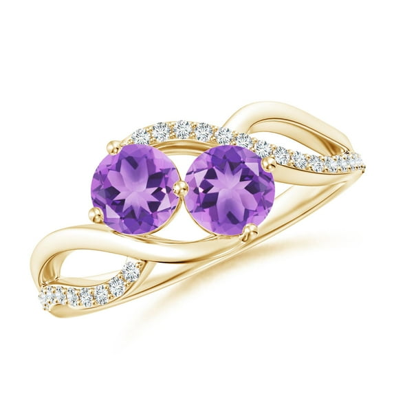 ANGARA Natural Round Amethyst Two Stone Bypass Ring with Diamonds in 14K Yellow Gold for Women (Size-5mm) | February Birthstone, Birthday, Anniversary, Jewelry Gift for Women | Natural Amethyst Ring