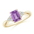 thumbnail image 1 of ANGARA Natural Emerald-Cut Amethyst Solitaire Ring with Trio Diamonds in 14K Yellow Gold for Women (Size-7x5mm) | February Birthstone, Anniversary, Jewelry Gift for Women | Natural Amethyst Ring, 1 of 9