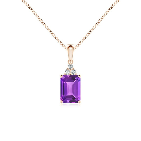 ANGARA Natural Emerald-Cut Amethyst Pendant with Diamond Trio in 14K Rose Gold for Women (Size-7x5mm) | February Birthstone, Birthday, Anniversary, Jewelry Gift for Women | Natural Amethyst Necklace