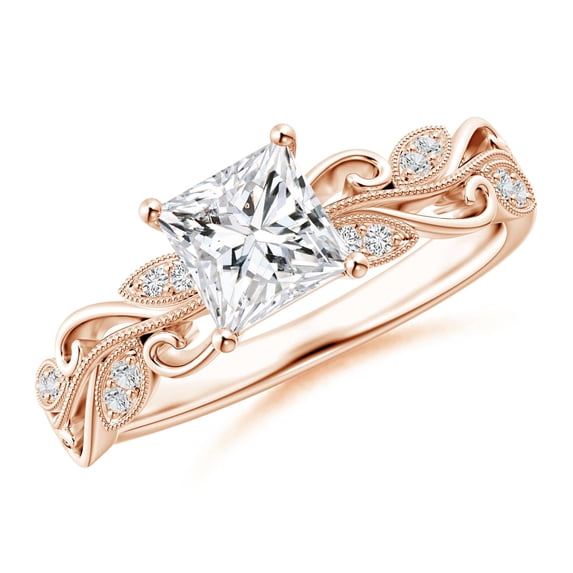 ANGARA Natural Princess-Cut Diamond Ring with Scrollwork in 14K Rose Gold for Women (Size-5.4mm| Color-H| Clarity-SI2) | April Birthstone, Anniversary, Jewelry Gift for Women | Natural Diamond Ring