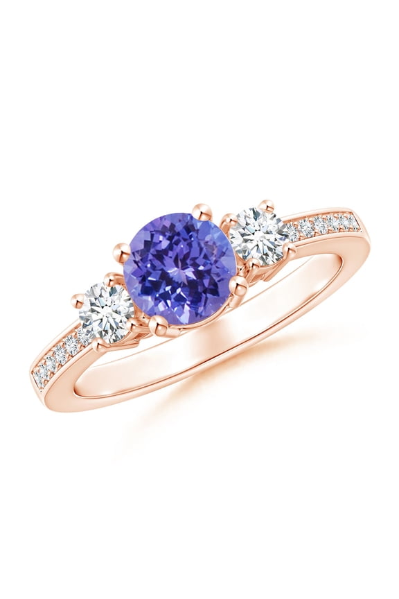 Natural Classic Three Stone Tanzanite and Diamond Ring in 14K Rose Gold for Women (Size-6mm) | December Birthstone, Birthday, Anniversary, Jewelry Gift for Women | Natural Tanzanite Ring
