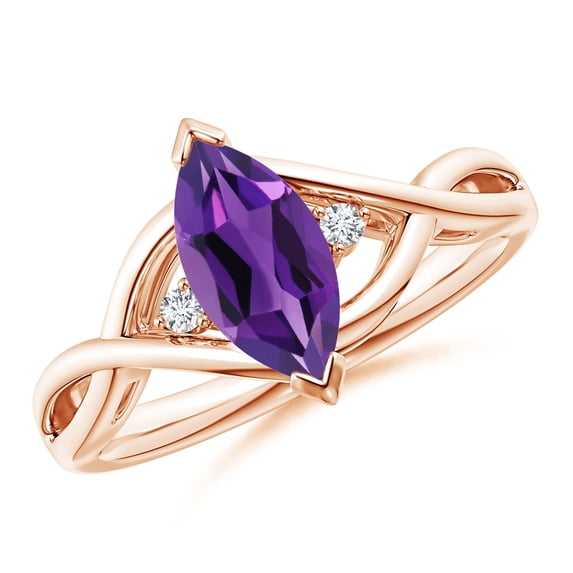 ANGARA Natural Criss-Cross Marquise Amethyst Solitaire Ring with Diamonds in 14K Rose Gold for Women (Size-10x5mm) | February Birthstone, Anniversary, Jewelry Gift for Women | Natural Amethyst Ring