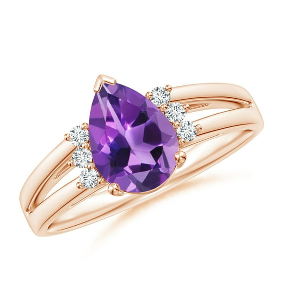 ANGARA Natural Pear 1.05 ct Amethyst Ring with Triple Diamond Accents in 14K Rose Gold for Women (Size-9x6mm) | February Birthstone, Anniversary, Jewelry Gift for Women | Natural Amethyst Ring