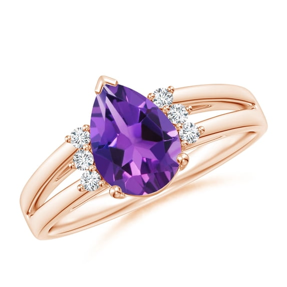 ANGARA Natural Pear 1.05 ct Amethyst Ring with Triple Diamond Accents in 14K Rose Gold for Women (Size-9x6mm) | February Birthstone, Anniversary, Jewelry Gift for Women | Natural Amethyst Ring