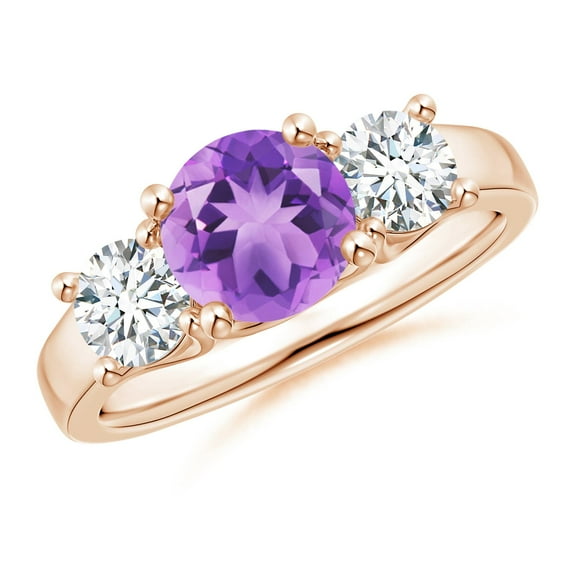 ANGARA Natural Classic Round 1.15 ct Amethyst and Diamond Three Stone Ring in 14K Rose Gold for Women (Size-7mm) | February Birthstone, Anniversary, Jewelry Gift for Women | Natural Amethyst Ring