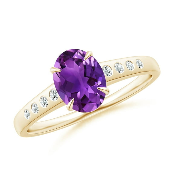 ANGARA Natural Oval 1.15 ct Amethyst Ring with Flush-Set Diamonds in 14K Yellow Gold for Women (Size-8x6mm) | February Birthstone, Anniversary, Jewelry Gift for Women | Natural Amethyst Ring