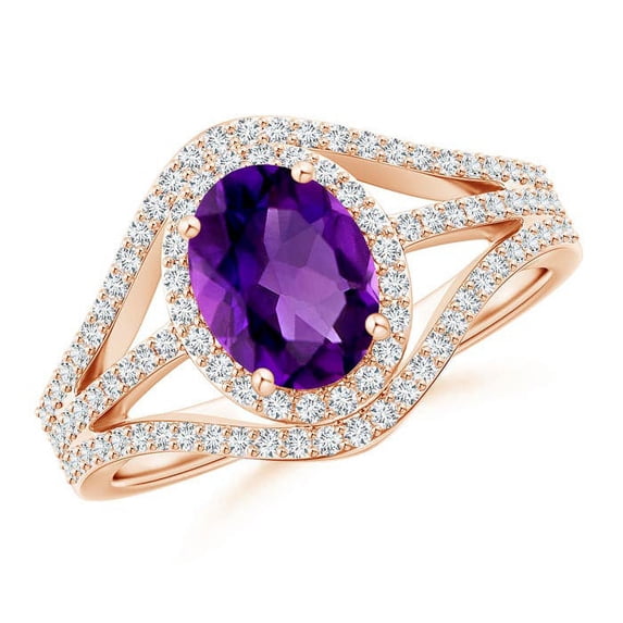 ANGARA Natural Triple Shank Oval 1.15 ct Amethyst and Diamond Halo Ring in 14K Rose Gold for Women (Size-8x6mm) | February Birthstone, Anniversary, Jewelry Gift for Women | Natural Amethyst Ring