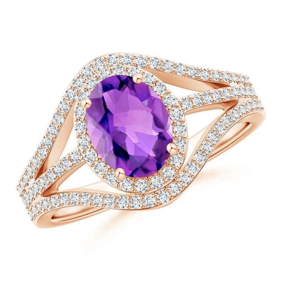 ANGARA Natural Triple Shank Oval 1.15 ct Amethyst and Diamond Halo Ring in 14K Rose Gold for Women (Size-8x6mm) | February Birthstone, Anniversary, Jewelry Gift for Women | Natural Amethyst Ring
