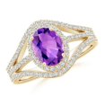 thumbnail image 1 of ANGARA Natural Triple Shank Oval 1.15 ct Amethyst and Diamond Halo Ring in 14K Yellow Gold for Women (Size-8x6mm) | February Birthstone, Anniversary, Jewelry Gift for Women | Natural Amethyst Ring, 1 of 7