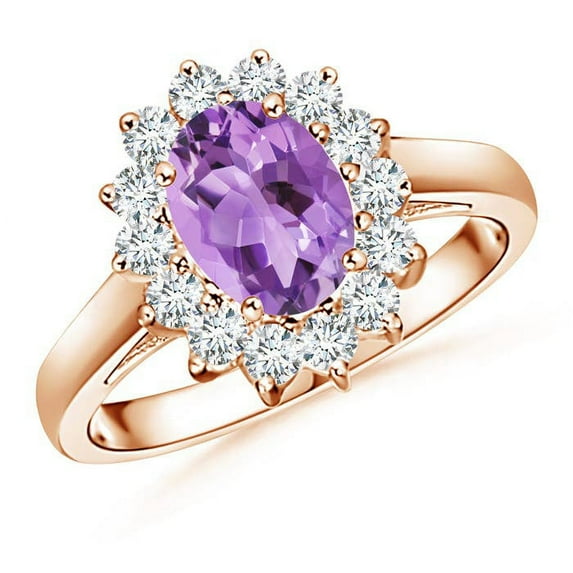 ANGARA Natural Princess Diana Inspired 1.15 ct Amethyst Ring with Diamond in 14K Rose Gold for Women (Size-8x6mm) | February Birthstone, Anniversary, Jewelry Gift for Women | Natural Amethyst Ring