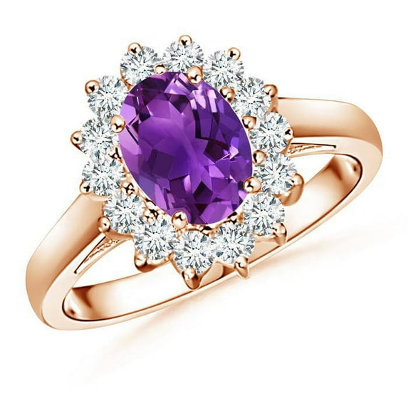 ANGARA Natural Princess Diana Inspired 1.15 ct Amethyst Ring with Diamond in 14K Rose Gold for Women (Size-8x6mm) | February Birthstone, Anniversary, Jewelry Gift for Women | Natural Amethyst Ring