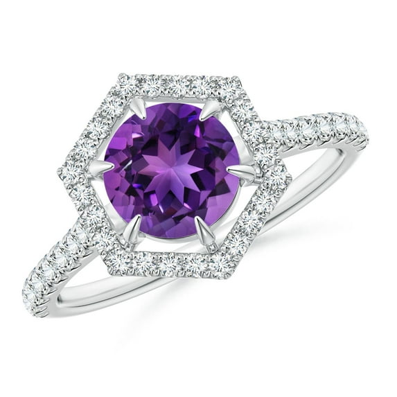 ANGARA Natural Round 1.15 ct Amethyst Ring with Hexagonal Diamond Halo in 14K White Gold for Women (Size-7mm) | February Birthstone, Anniversary, Jewelry Gift for Women | Natural Amethyst Ring