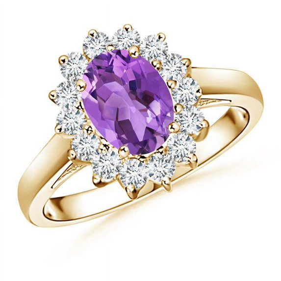 ANGARA Natural Princess Diana Inspired 1.15 ct Amethyst Ring with Diamond in 14K Yellow Gold for Women (Size-8x6mm) | February Birthstone, Anniversary, Jewelry Gift for Women | Natural Amethyst Ring