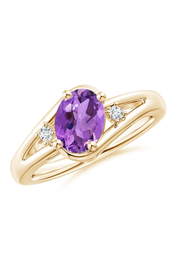 Natural 1.15 ct Amethyst and Diamond Split Shank Ring in 14K Yellow Gold for Women (Size-8x6mm) | February Birthstone, Birthday, Anniversary, Jewelry Gift for Women | Natural Amethyst Ring