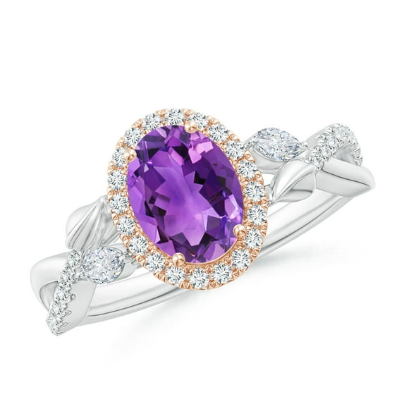 ANGARA Natural 1.15 ct Amethyst Twisted Vine Ring with Diamond Halo in 14K White & Rose Gold for Women (Size-8x6mm) | February Birthstone, Anniversary, Jewelry Gift for Women | Natural Amethyst Ring